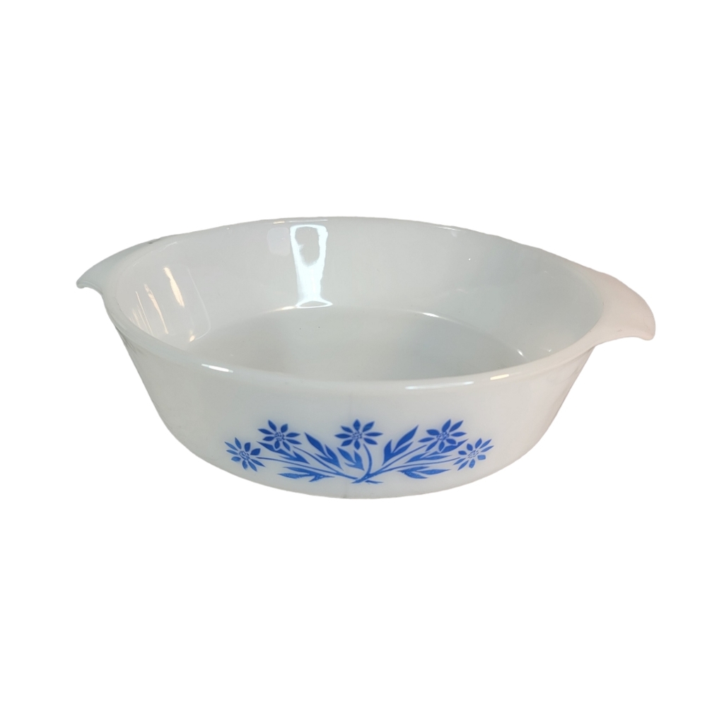 Fire King White Milk Glass Blue Flower 1 QRT Vintage Cassarole Dish 1960's